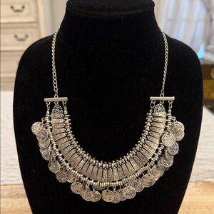 Vintage Silver Tone Celtic Jingle Coin Pendant Choker Collar Statement Necklace